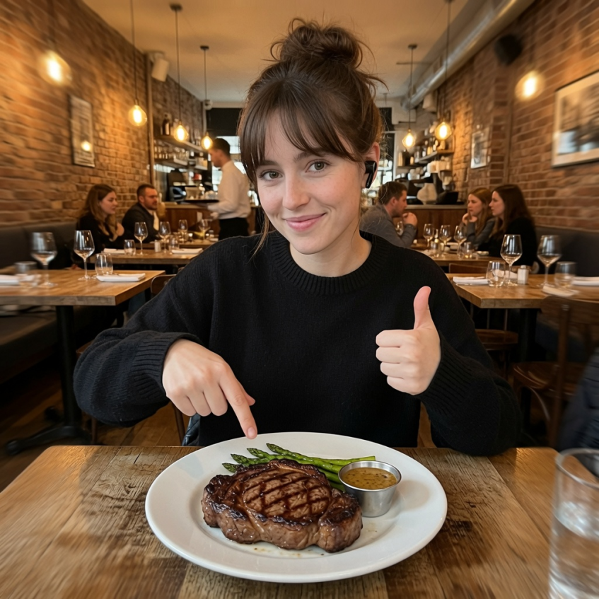 A rested rib-eye, dark crust, sliced against the grain