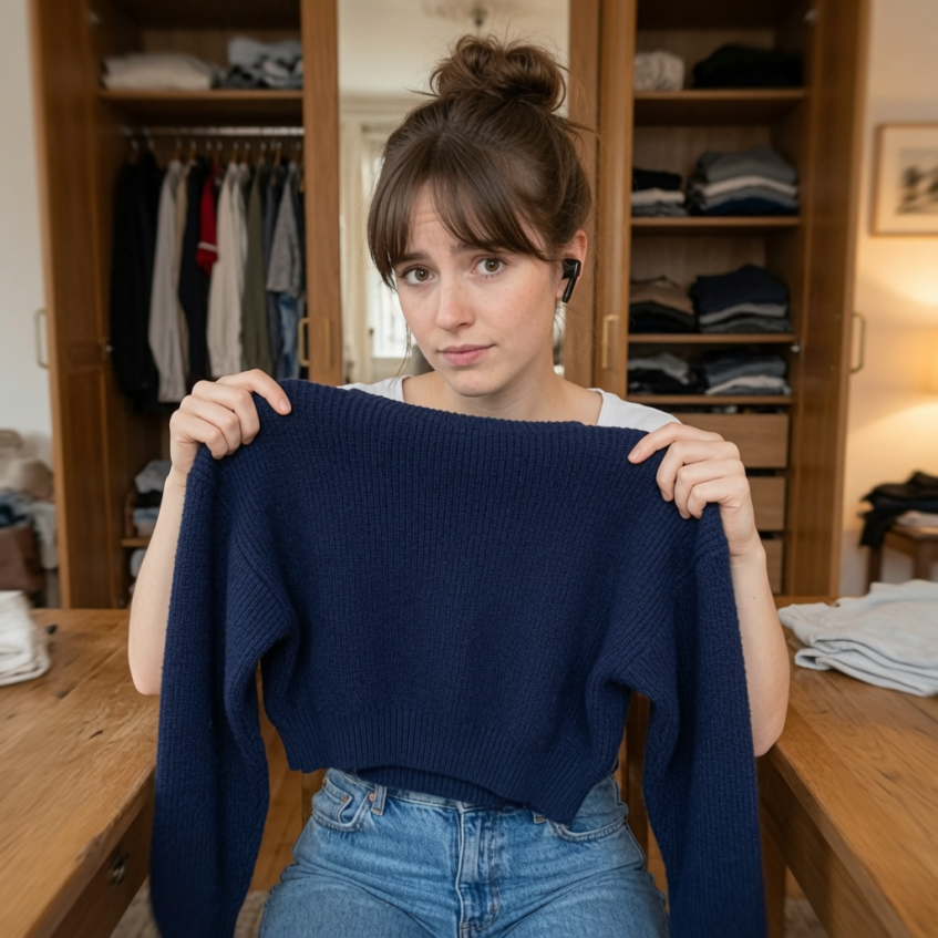 A navy blue sweater, folded, on a linen surface
